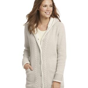 LL Bean Women’s Cozy Cream Button Down Hooded Sherpa Sweater Size L